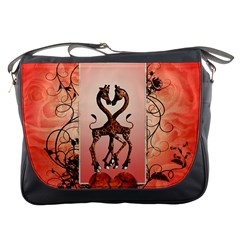 Cute Giraffe In Love With Heart And Floral Elements Messenger Bags