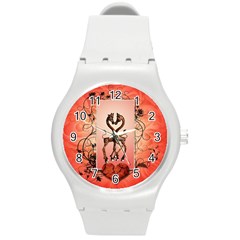 Cute Giraffe In Love With Heart And Floral Elements Round Plastic Sport Watch (m) by FantasyWorld7