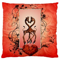 Cute Giraffe In Love With Heart And Floral Elements Large Cushion Case (one Side) by FantasyWorld7