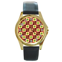 Squares And Rectangles Pattern                                                                                          			round Gold Metal Watch by LalyLauraFLM