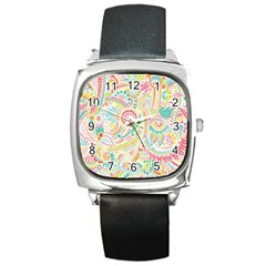 Hippie Flowers Pattern, Pink Blue Green, Zz0101 Square Metal Watch by Zandiepants