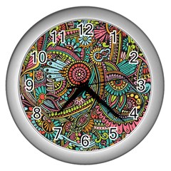 Colorful Hippie Flowers Pattern, Zz0103 Wall Clock (silver) by Zandiepants