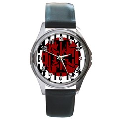 Red, Black And White Decorative Abstraction Round Metal Watch by Valentinaart