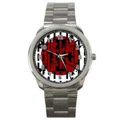 Red, Black And White Decorative Abstraction Sport Metal Watch by Valentinaart