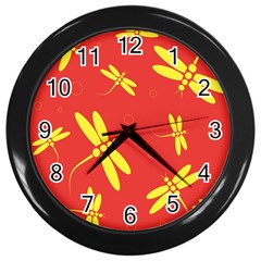 Red And Yellow Dragonflies Pattern Wall Clocks (black) by Valentinaart