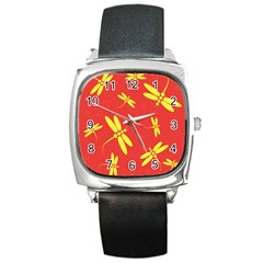 Red And Yellow Dragonflies Pattern Square Metal Watch by Valentinaart