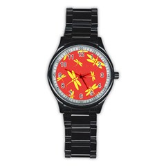 Red And Yellow Dragonflies Pattern Stainless Steel Round Watch by Valentinaart