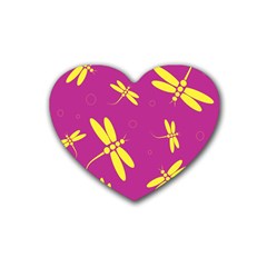 Purple And Yellow Dragonflies Pattern Rubber Coaster (heart)  by Valentinaart