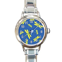 Blue And Yellow Dragonflies Pattern Round Italian Charm Watch by Valentinaart