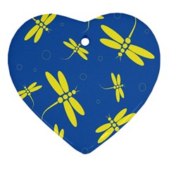 Blue And Yellow Dragonflies Pattern Ornament (heart)  by Valentinaart