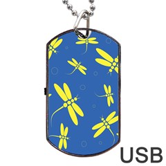 Blue And Yellow Dragonflies Pattern Dog Tag Usb Flash (one Side) by Valentinaart