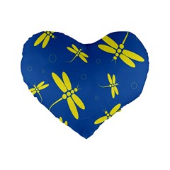 Blue And Yellow Dragonflies Pattern Standard 16  Premium Flano Heart Shape Cushions by Valentinaart