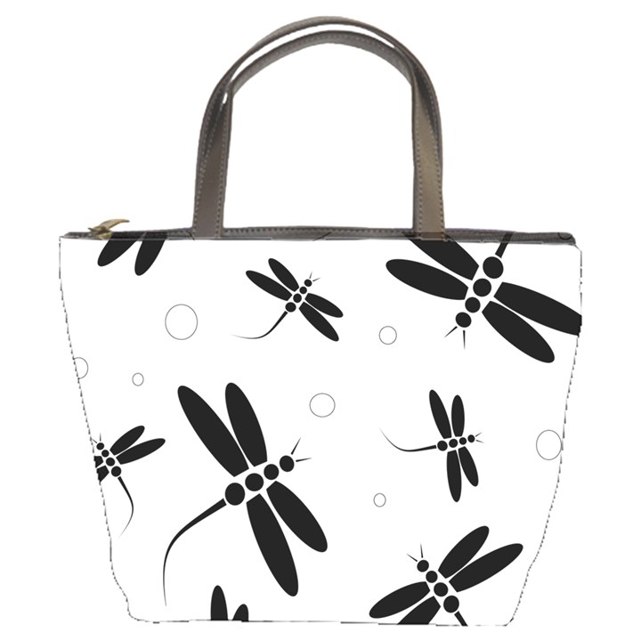 Black and white dragonflies Bucket Bags