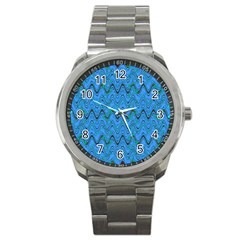 Blue Wavy Squiggles Sport Metal Watch by BrightVibesDesign