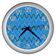 Blue Wavy Squiggles Wall Clocks (silver)  by BrightVibesDesign