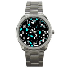 Blue, Black And White Pattern Sport Metal Watch by Valentinaart