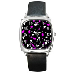 Magenta, Black And White Pattern Square Metal Watch by Valentinaart