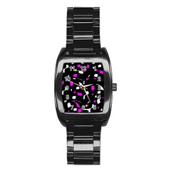 Magenta, Black And White Pattern Stainless Steel Barrel Watch by Valentinaart