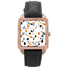 Orange, White And Black Pattern Rose Gold Leather Watch  by Valentinaart