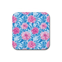 Blue & Pink Floral Rubber Coaster (square)  by TanyaDraws