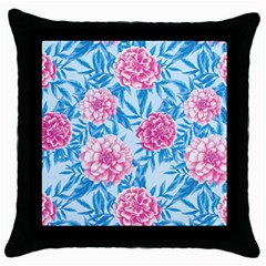 Blue & Pink Floral Throw Pillow Case (black) by TanyaDraws