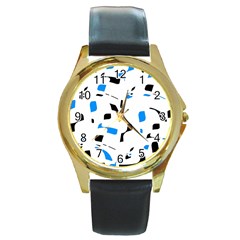 Blue, Black And White Pattern Round Gold Metal Watch by Valentinaart