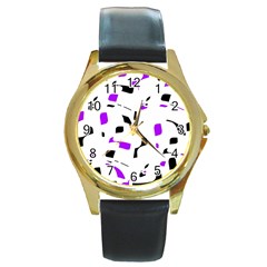 Purple, Black And White Pattern Round Gold Metal Watch by Valentinaart