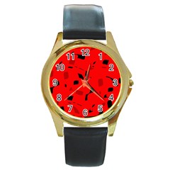 Red And Black Pattern Round Gold Metal Watch by Valentinaart