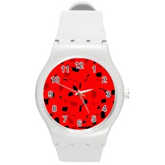 Red And Black Pattern Round Plastic Sport Watch (m) by Valentinaart