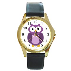 Purple transparetn owl Round Gold Metal Watch