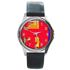 Red Abstraction Round Metal Watch by Valentinaart