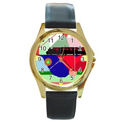 Abstract Train Round Gold Metal Watch