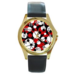 Red, Black And White Pattern Round Gold Metal Watch