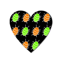 Green And Orange Bug Pattern Heart Magnet by Valentinaart