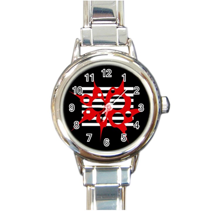 Red, black and white abstract design Round Italian Charm Watch