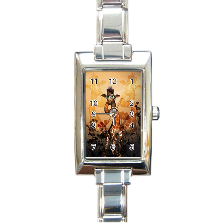 Funny, Cute Giraffe With Sunglasses And Flowers Rectangle Italian Charm Watch