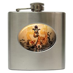 Funny, Cute Giraffe With Sunglasses And Flowers Hip Flask (6 Oz) by FantasyWorld7