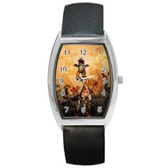 Funny, Cute Giraffe With Sunglasses And Flowers Barrel Style Metal Watch by FantasyWorld7