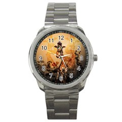 Funny, Cute Giraffe With Sunglasses And Flowers Sport Metal Watch