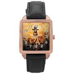 Funny, Cute Giraffe With Sunglasses And Flowers Rose Gold Leather Watch 