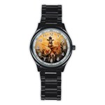 Funny, Cute Giraffe With Sunglasses And Flowers Stainless Steel Round Watch Front