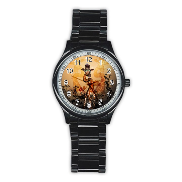 Funny, Cute Giraffe With Sunglasses And Flowers Stainless Steel Round Watch