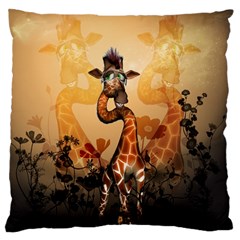 Funny, Cute Giraffe With Sunglasses And Flowers Large Flano Cushion Case (two Sides) by FantasyWorld7