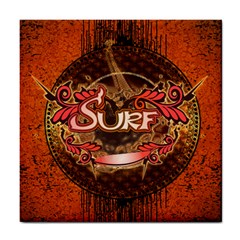 Surfing, Surfboard With Floral Elements  And Grunge In Red, Black Colors Tile Coasters by FantasyWorld7