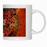 Surfing, Surfboard With Floral Elements  And Grunge In Red, Black Colors White Mugs Right