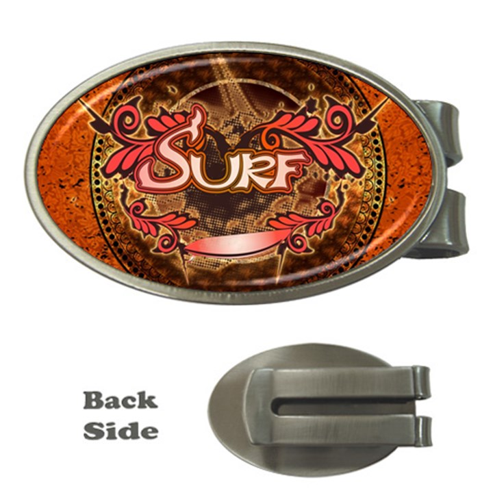 Surfing, Surfboard With Floral Elements  And Grunge In Red, Black Colors Money Clips (Oval) 