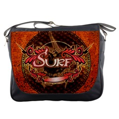 Surfing, Surfboard With Floral Elements  And Grunge In Red, Black Colors Messenger Bags by FantasyWorld7