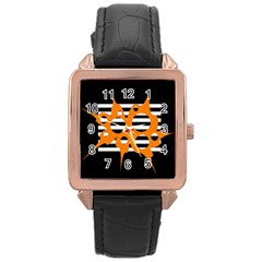 Orange Abstract Design Rose Gold Leather Watch  by Valentinaart