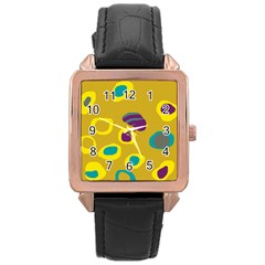 Yellow Abstraction Rose Gold Leather Watch  by Valentinaart