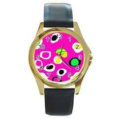 Pink Abstract Pattern Round Gold Metal Watch by Valentinaart